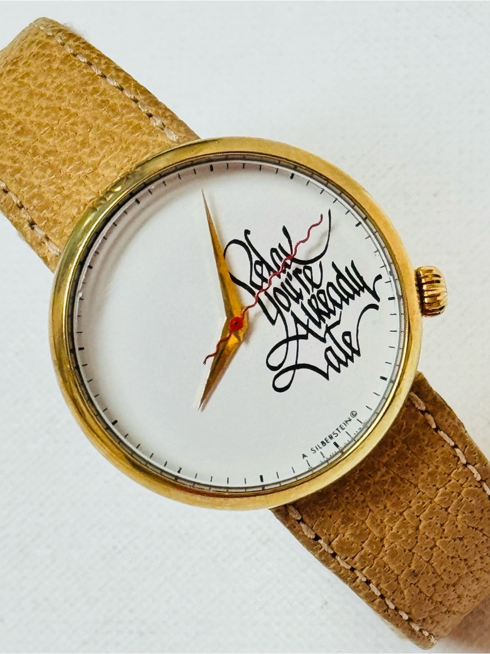 Vintage Alain Silberstein Relax You're Already Late Klok Watch Gold Leather